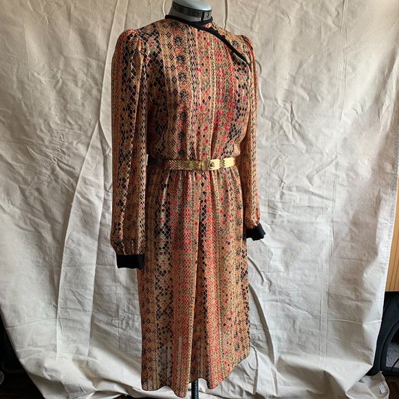 Vintage Dresses & Skirts - Summer | Vintage Dress, Crêpe w/ Scale Pattern, Asymmetrical | Size 9-10